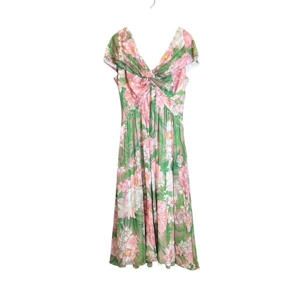 Tadashi Shoji Floral Print Ruched Twist Front Midi Dress Pink Green Womens 10 - Picture 2 of 7